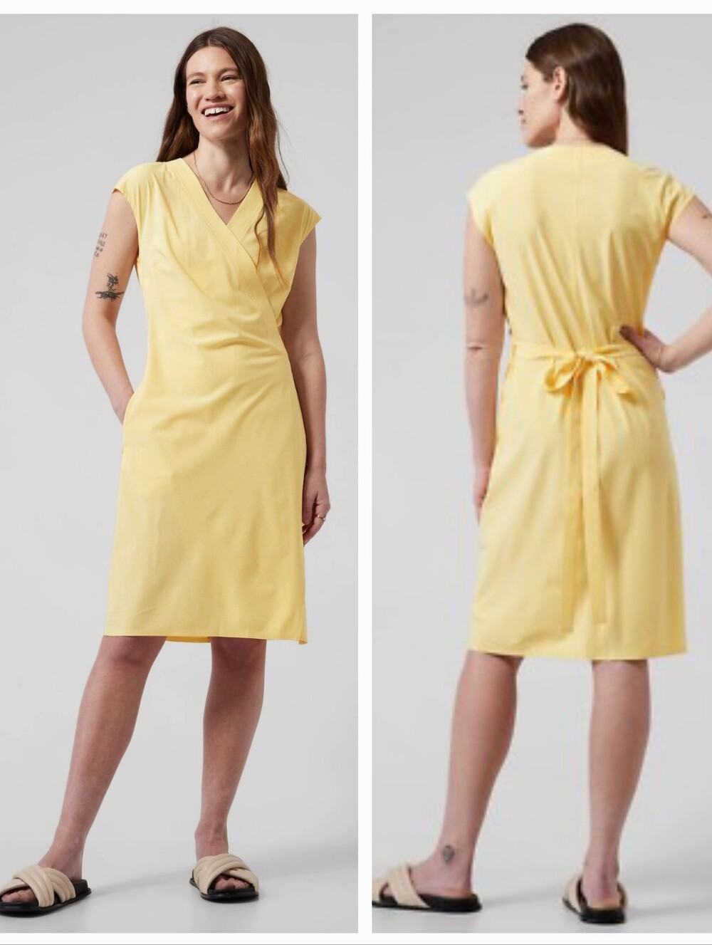 Athleta Newport Wrap Dress City Stripe Lunaria Yellow with Pockets size Small